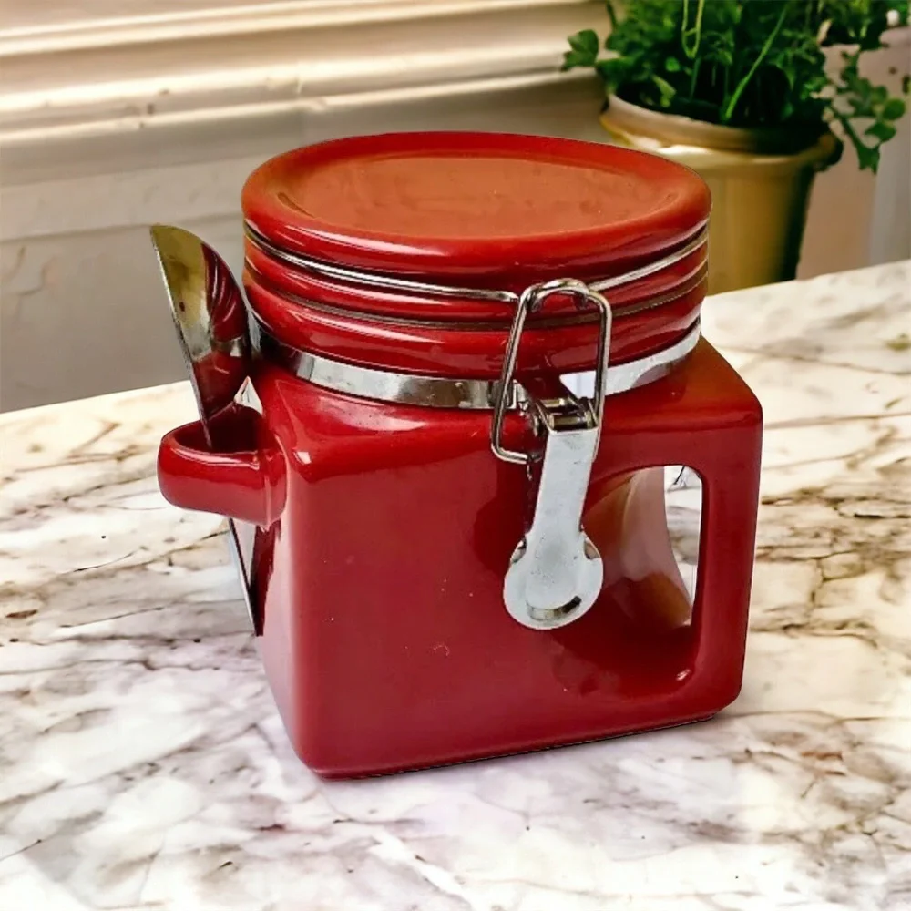 OGGI Red Ceramic Coffee Square Canister Handle & Spoon